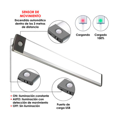 Barra de Luz LED XL Inalámbrica Recargable USB con Sensor de Movimiento – 54 LEDs | SMDTEC